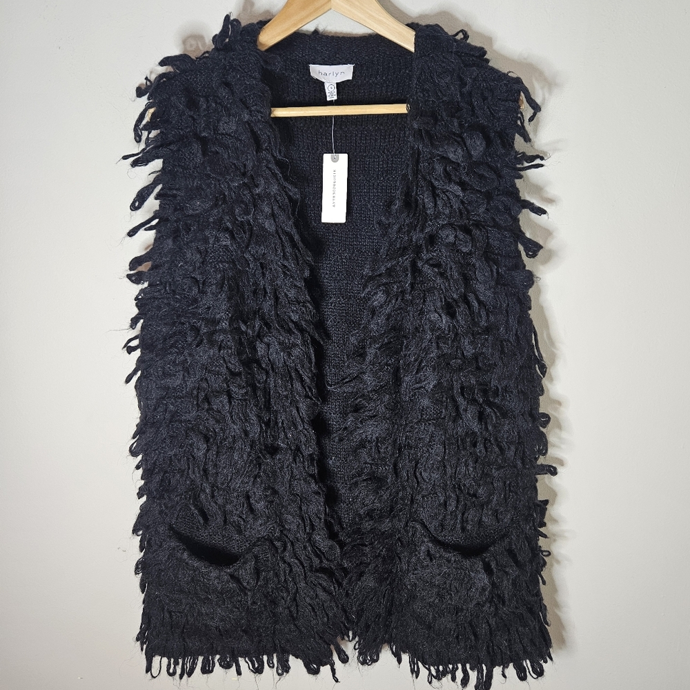Anthropologie Harlyn Vera Textured Cardigan Vest Black Fuzzy NWT Small S